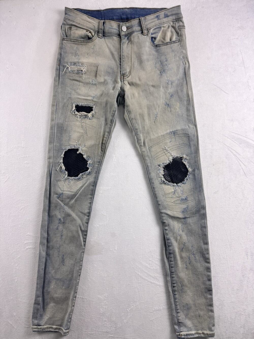 MNML Distressed Denim Jeans Sz 31 Slim Fit Light Blue Black Knee Patches